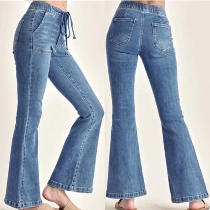 Risen Denim Mid Rise Flare Jeans With Drawstring and Front Pockets Blue 5 / 27