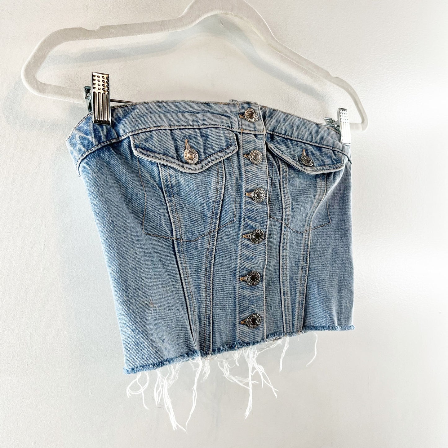 ZARA Strapless Denim Corset Button Up Tube Crop Top Blue Medium