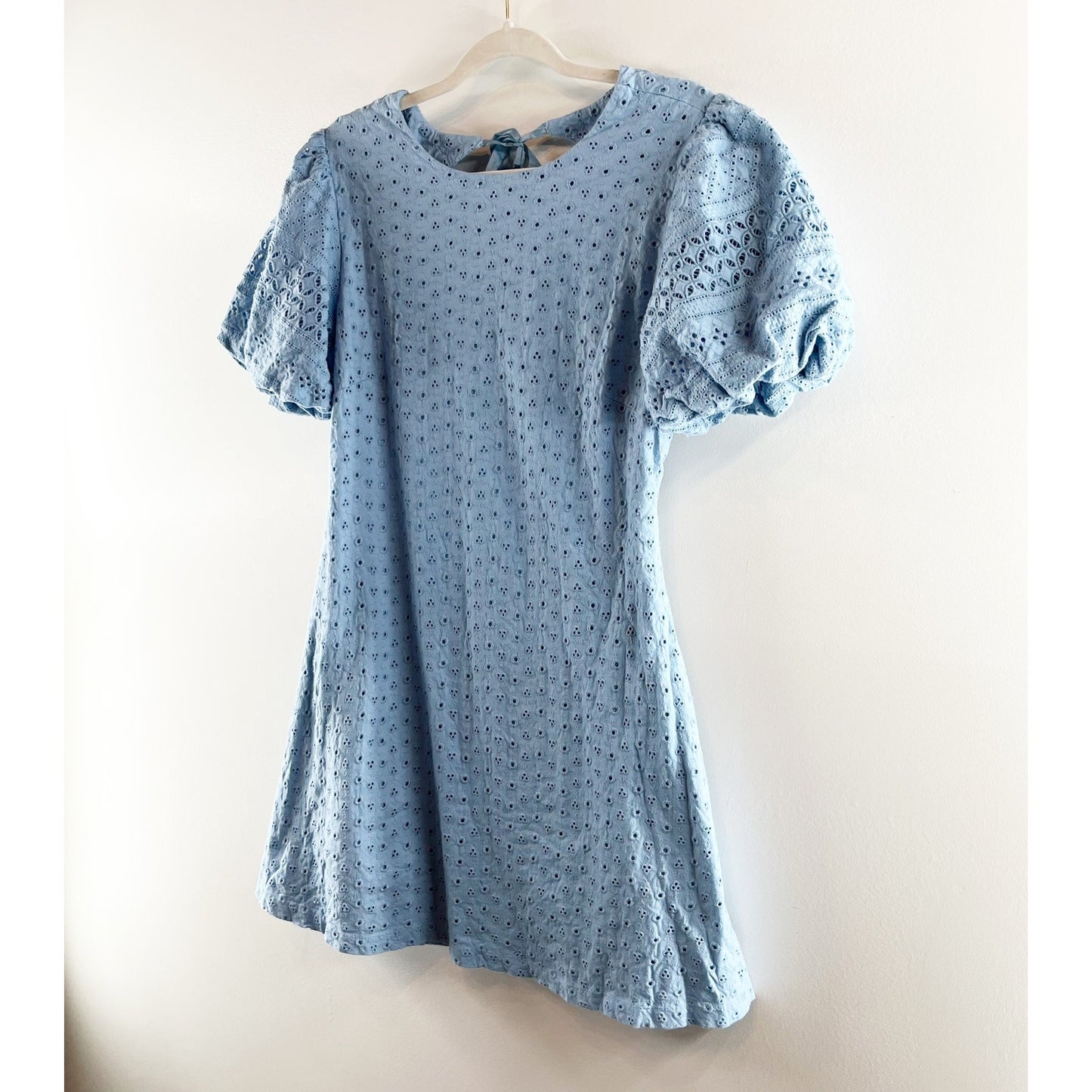 Free People Apricot Rose Puff Short Sleeve Eyelet Lace Mini Dress Blue Large