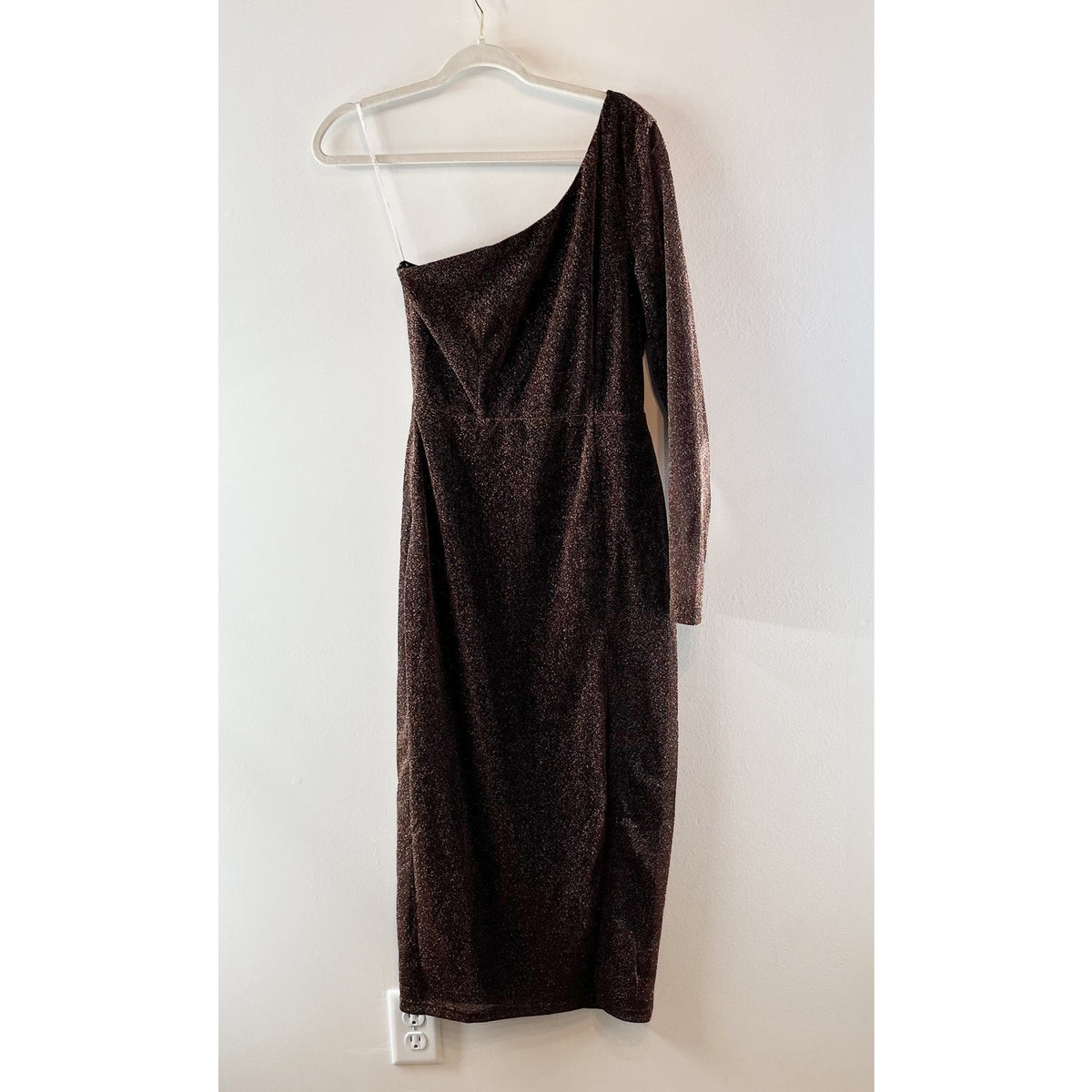 Lulus Radiant Vibe Shiny Bronze Lurex One Shoulder Midi Dress Gold Brown Medium