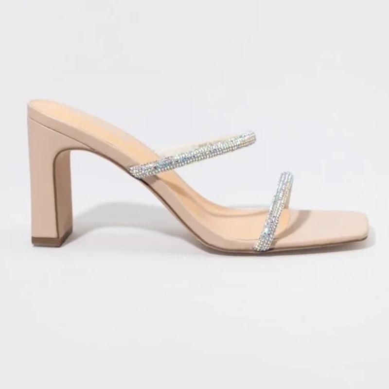XOXO Folee Double Rhinestone Square Toe Block Heel Sandals Nude 7.5