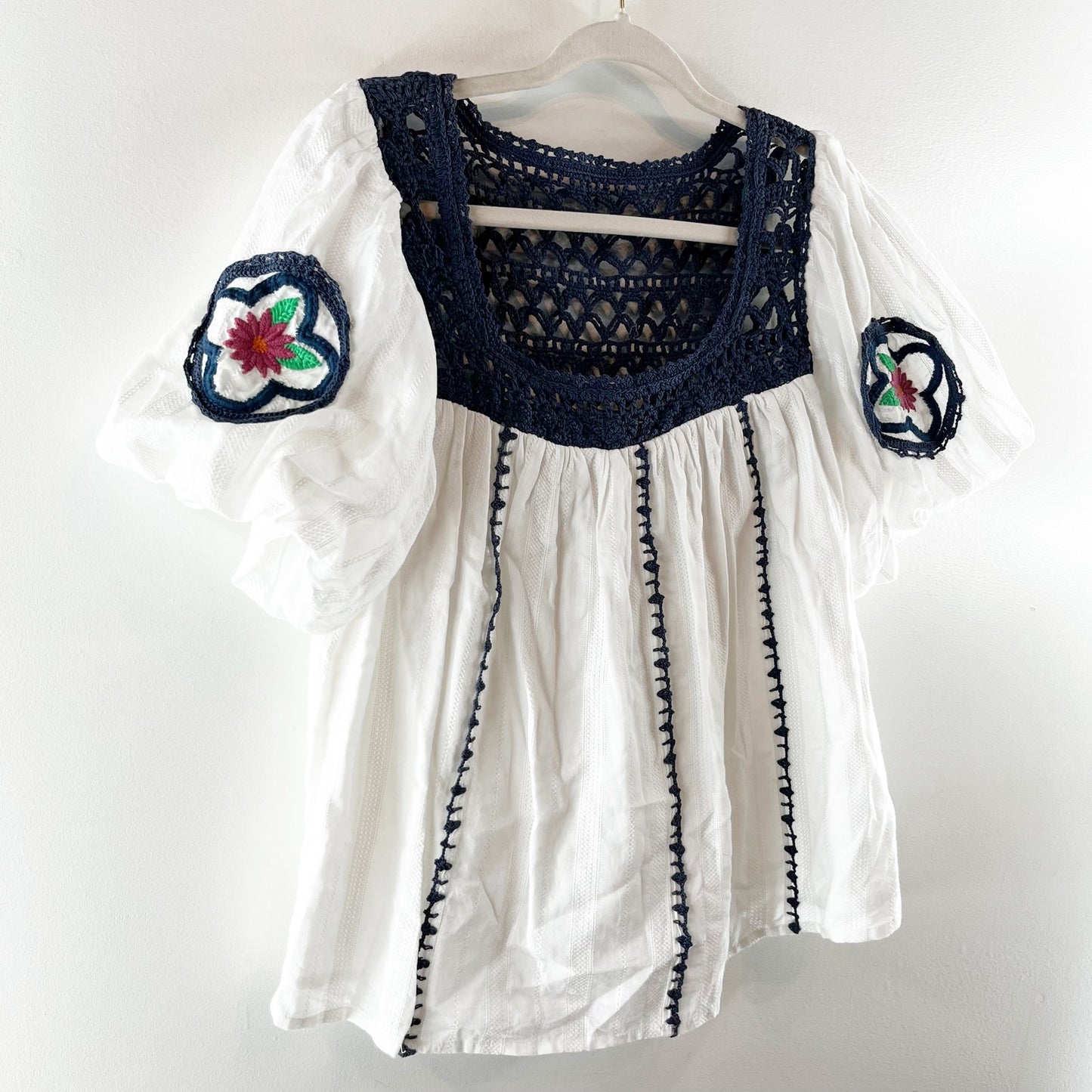 Cleobella Navi Organic Cotton Crochet Trim Puff Sleeve Blouse Top White Navy XS