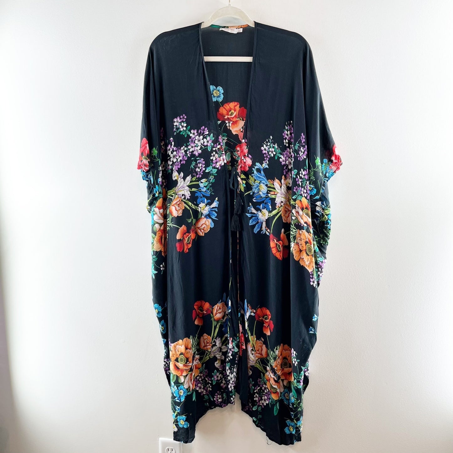 Johnny Was Flower Arch Short Sleeve Midi Kaftan Kimono Cover Up Dress Black S/M