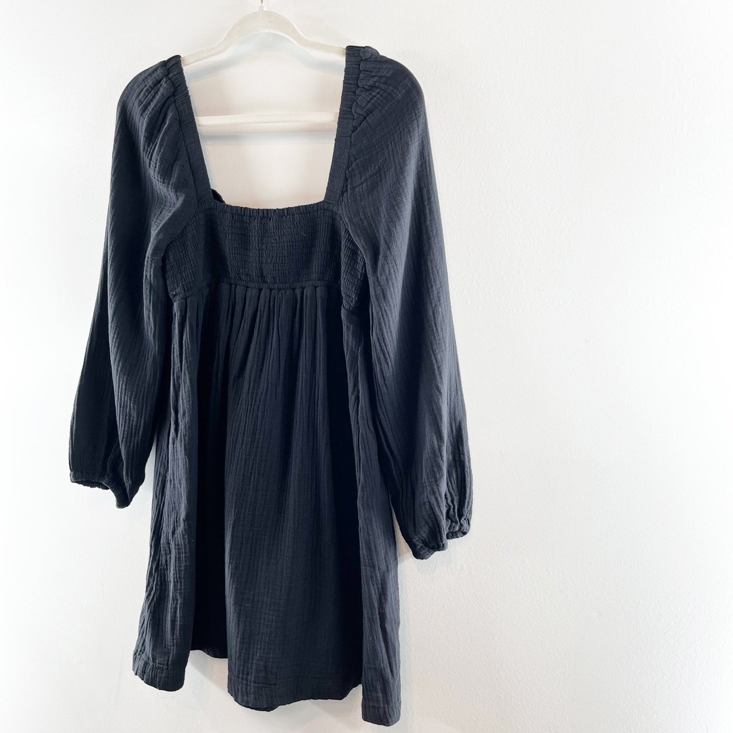 J. Crew Soft Gauze Cotton Long Sleeve Smocked Square-Neck Mini Dress Black XS