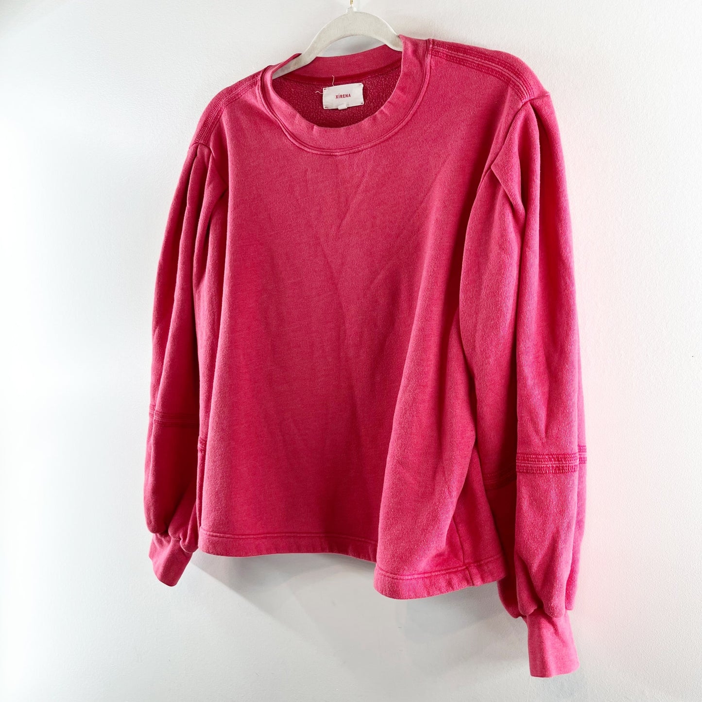 Xirena Cotton Blend Puff Sleeve Crew Neck Pullover Sweatshirt Pink Medium