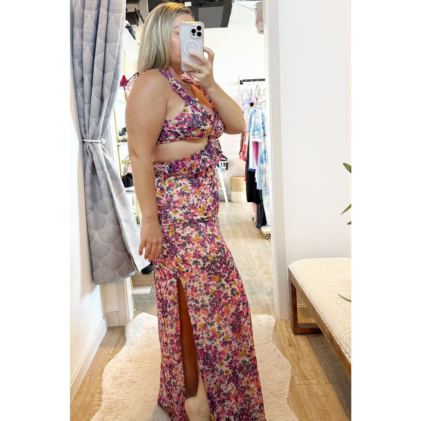 Dee Elly Floral Print Ruffle Trim Cut Out Chiffon Maxi Dress Purple Pink Small
