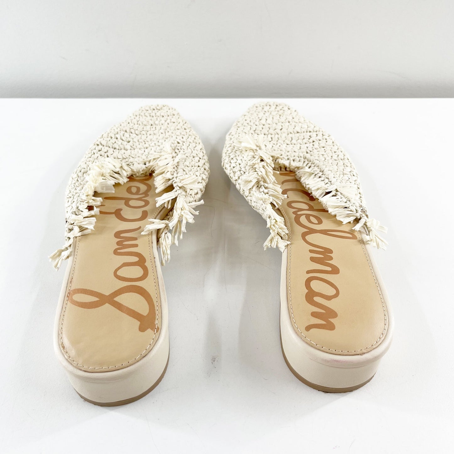 Sam Edelman Reeta Raffia Fringe Boho Square Toe Mule Loafer Cream 10