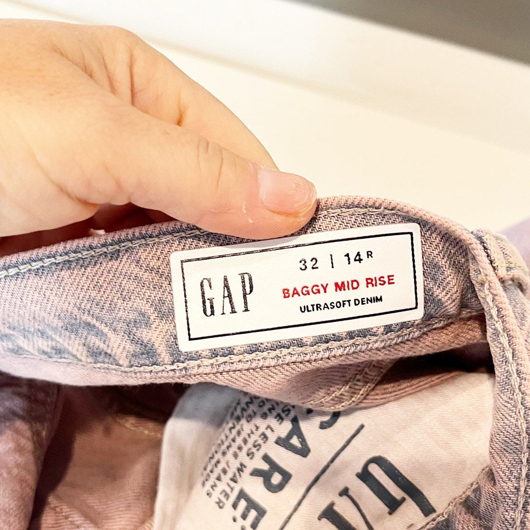 GAP Baggy Mid Rise Wide Leg Ultrasoft Denim Jeans Rose Mist Purple 14 / 32