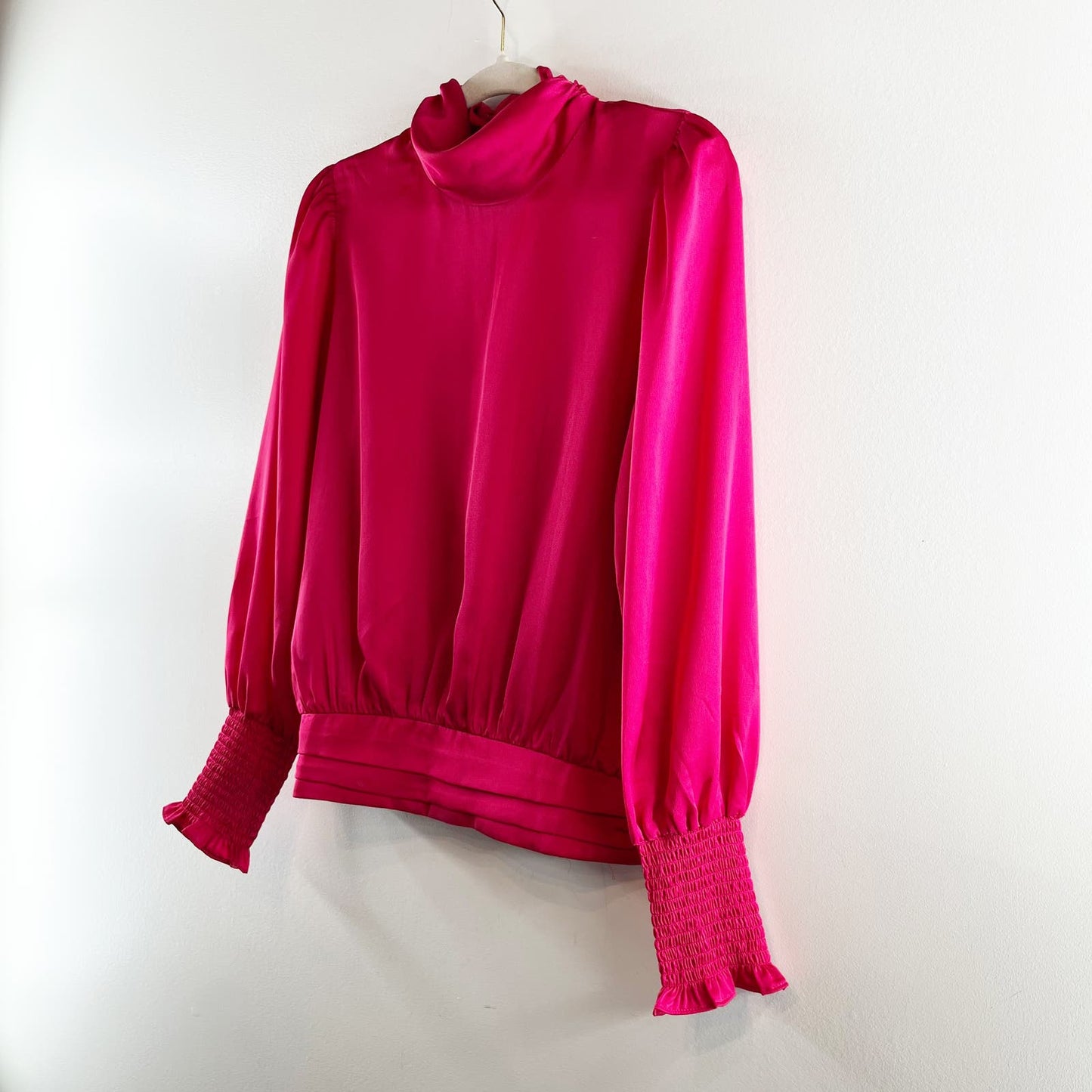 Allison Joy Evereve Harper Satin Long Sleeve Mock Neck Blouse Pink Medium