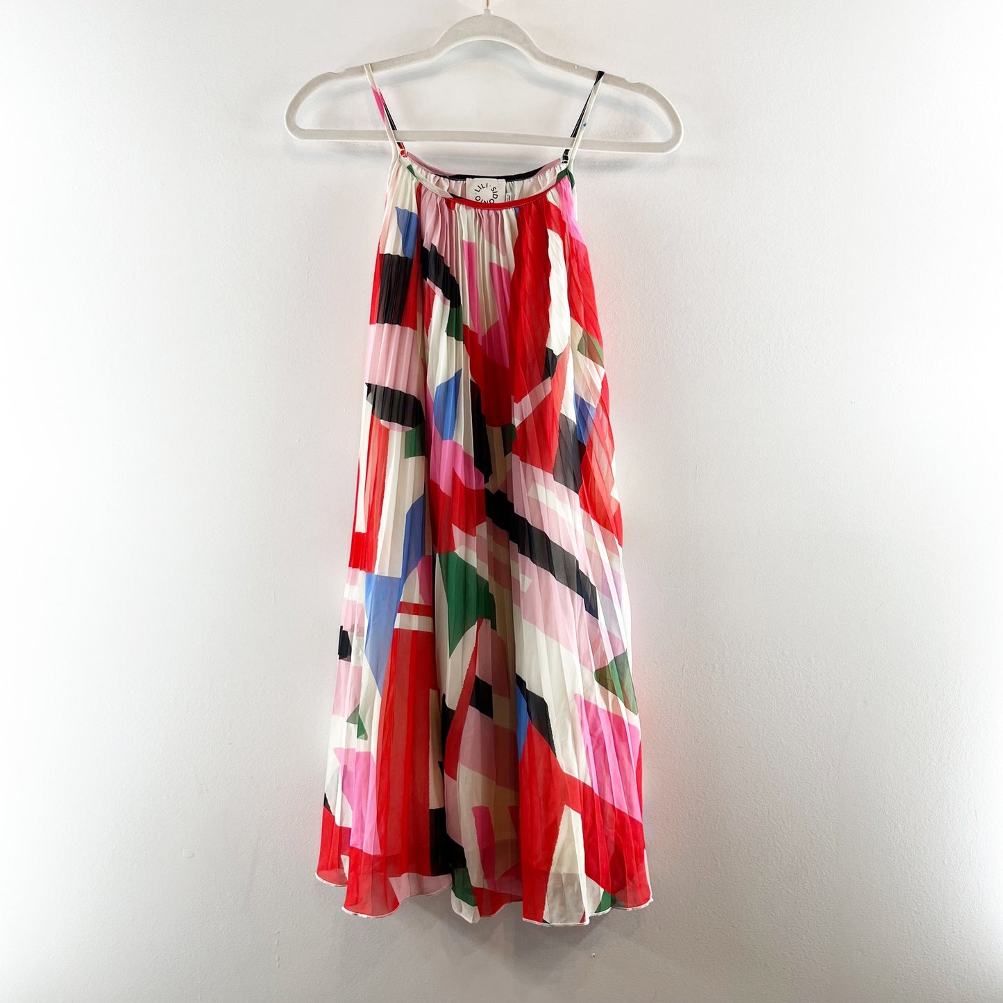 Molly Bracken Tara Sleeveless Geo Print Plisse Pleated Mini Dress Pink Large