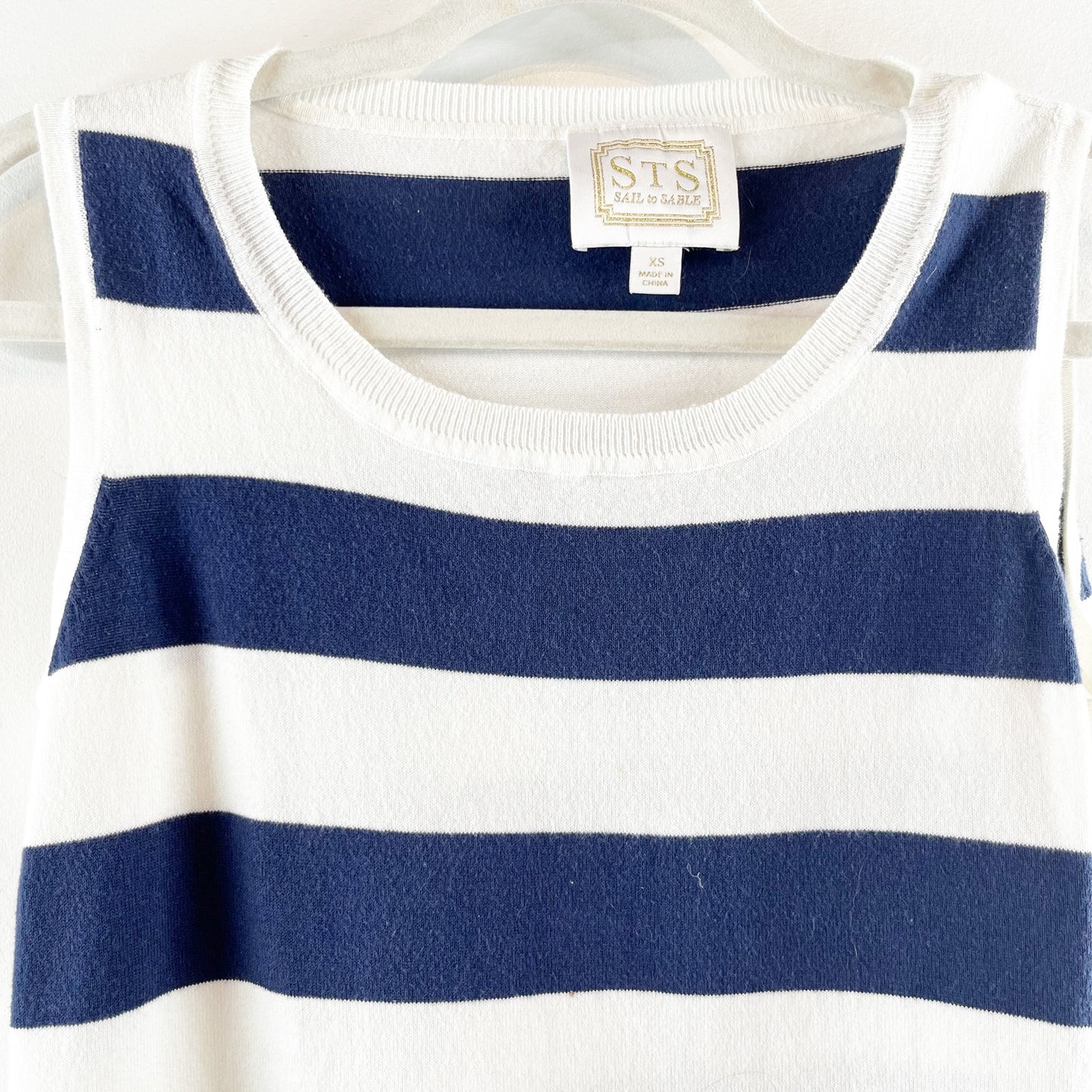Sail to Sable Hydna Fringe Trim Striped Sweater Tank Top White Blue XS