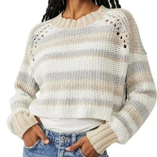 Free People Devon Striped Crewneck Long Sleeve Cropped Cotton Sweater Tan Small