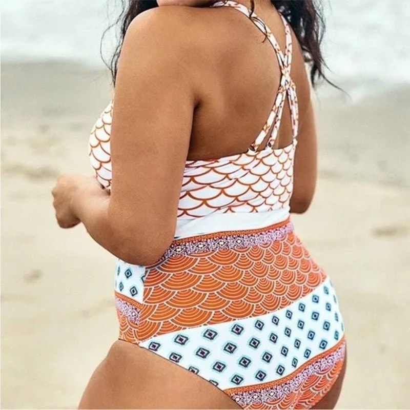 Cupshe Boho Print Strappy Back One Piece Full Coverage Bathing Suit Orange XL