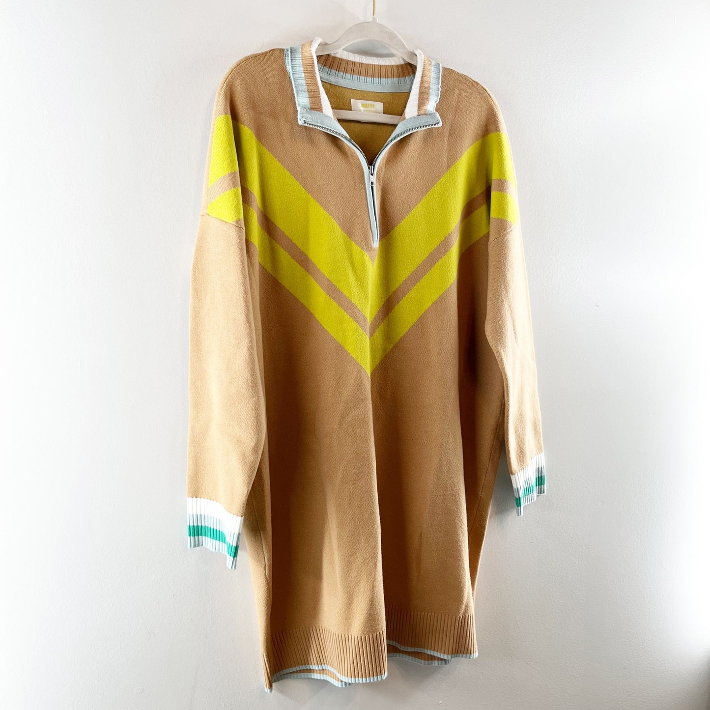Maeve Anthropologie Varsity Half-Zip Tunic Mini Dress Neutral Tan Yellow Large