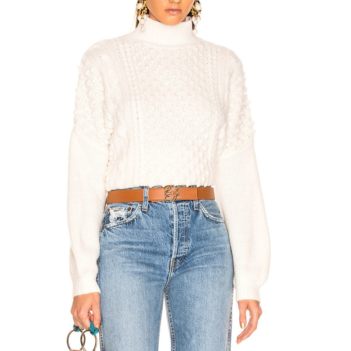 Frame Nubby Long Sleeve Popcorn Knit Tiered Pullover Sweater Cream Small
