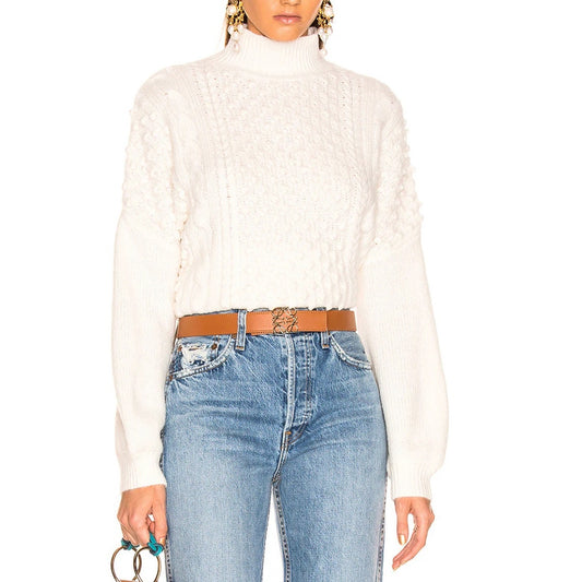 Frame Nubby Long Sleeve Popcorn Knit Tiered Pullover Sweater Cream Small