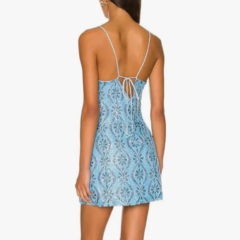 Free People Retro Babe Floral Sequin Square Neck Mini Slip Dress Blue XL