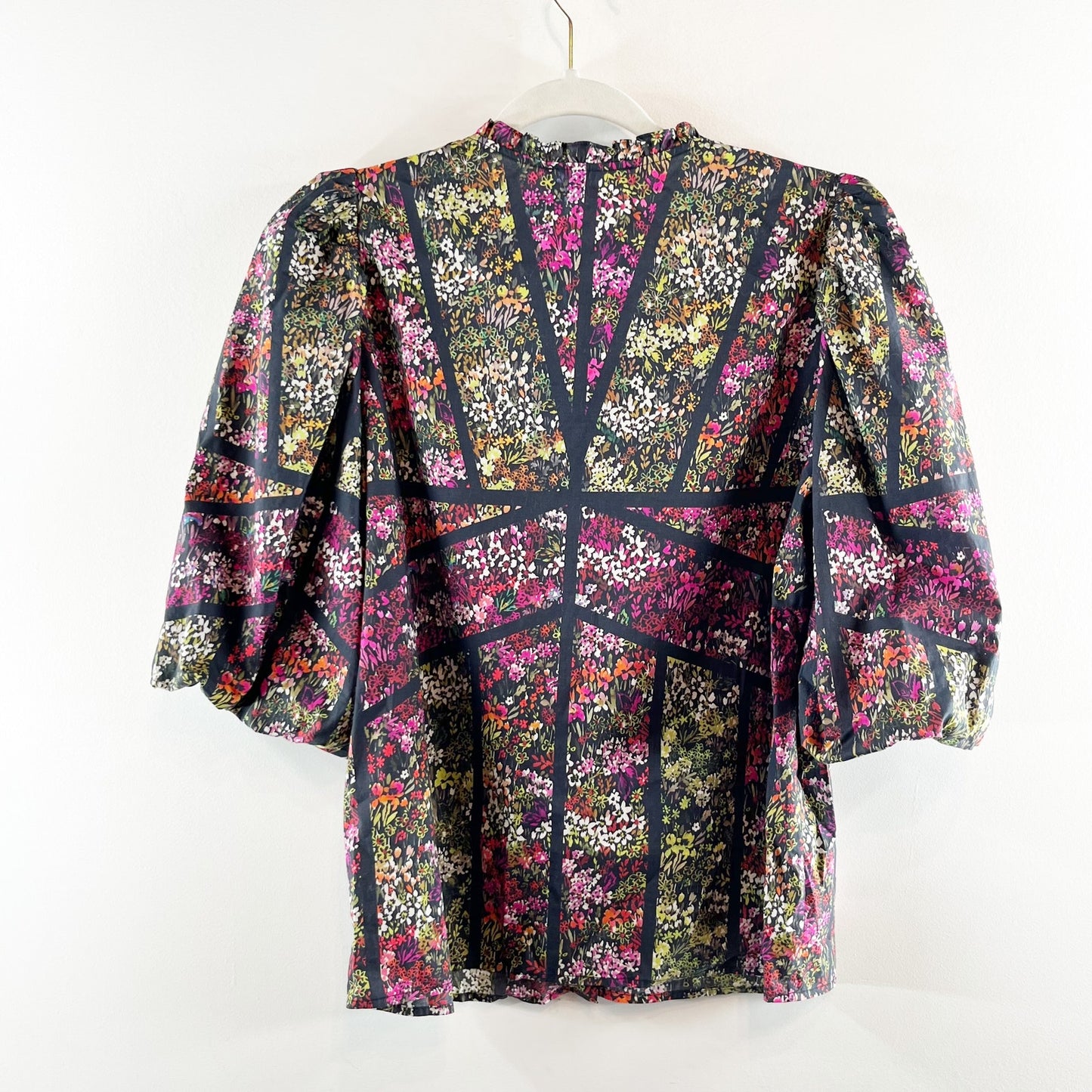 Caballero Celeste Puff Sleeve Floral Print Blouse Top Green Purple Small