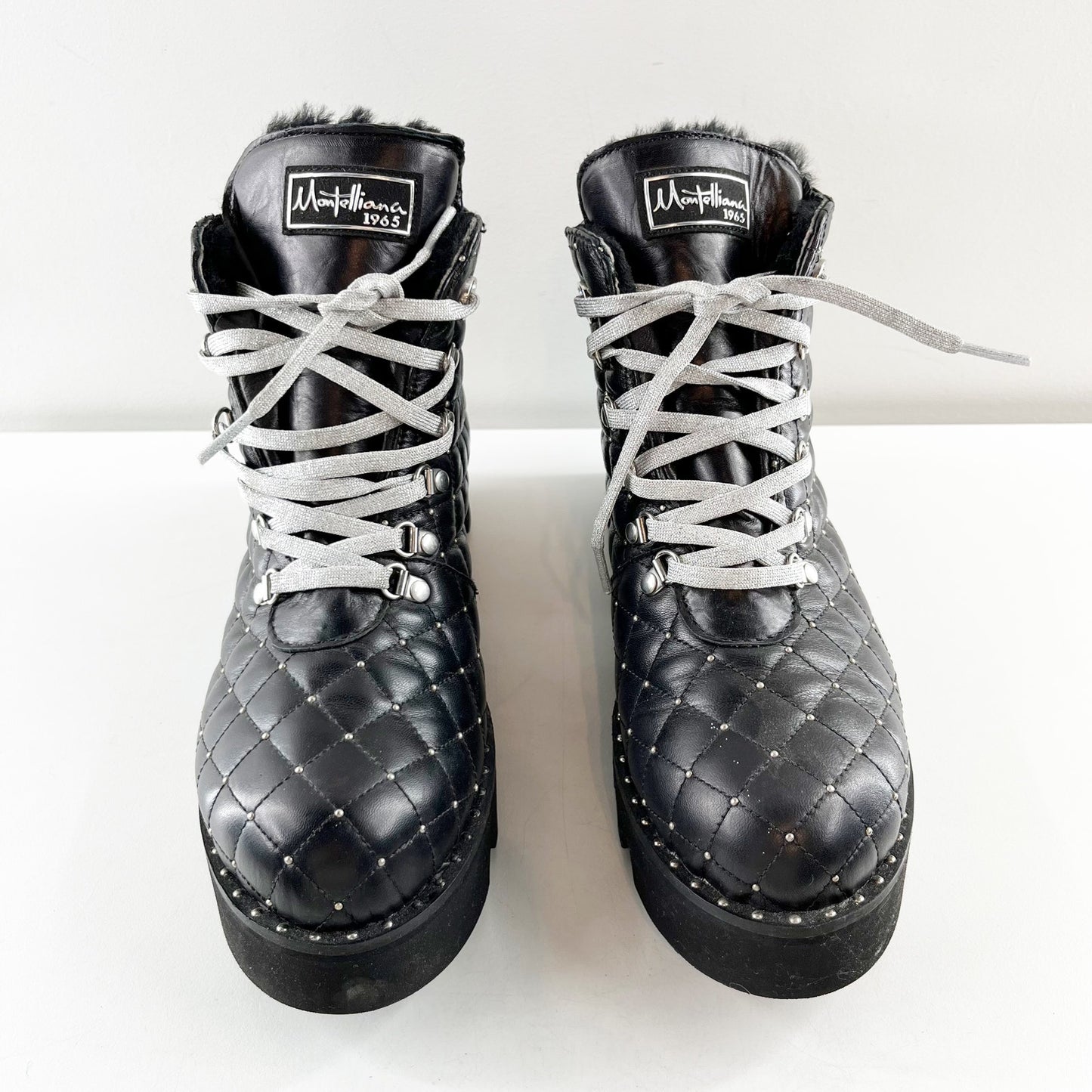 Montelliana Fur Lined Leather Studded Quilted Ankle Combat Boots Black 8.5