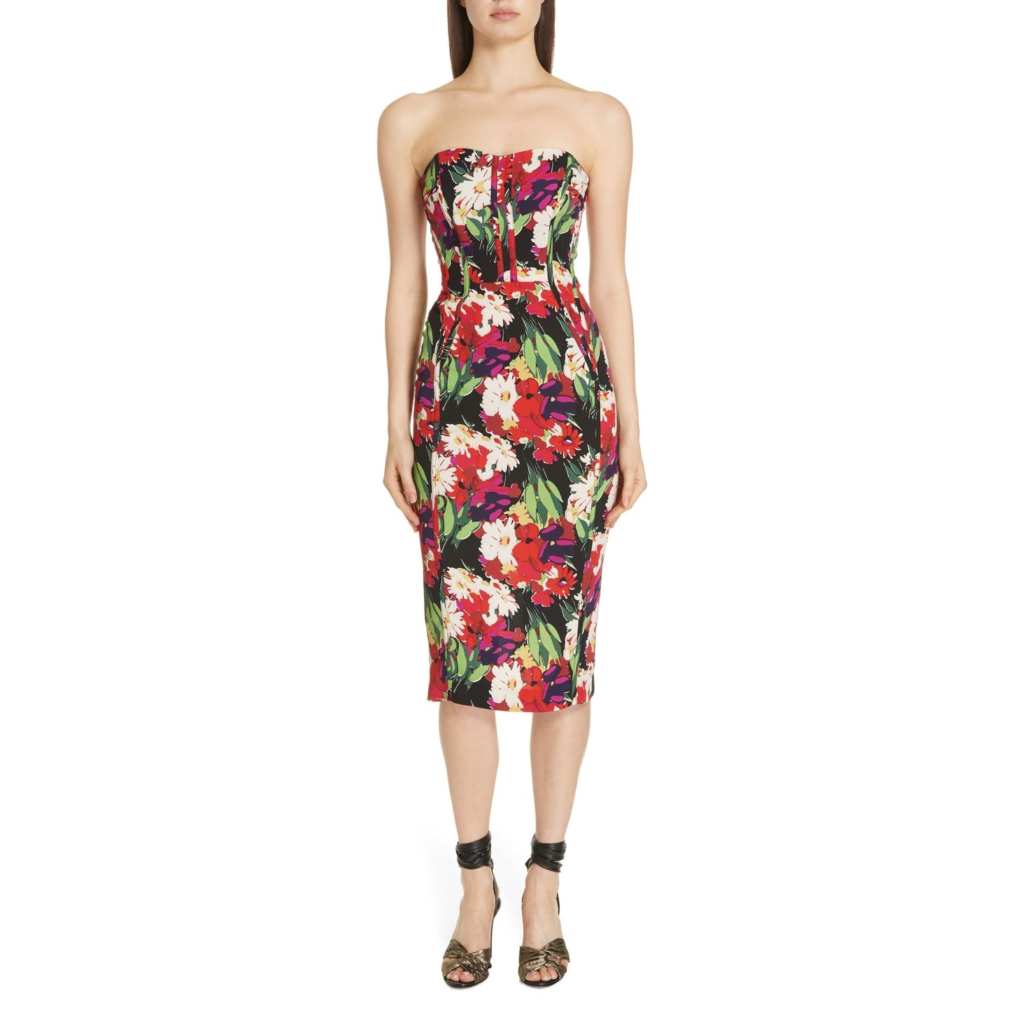 Veronica Beard Saffron Strapless Corset Knee Length Midi Floral Dress Red 2