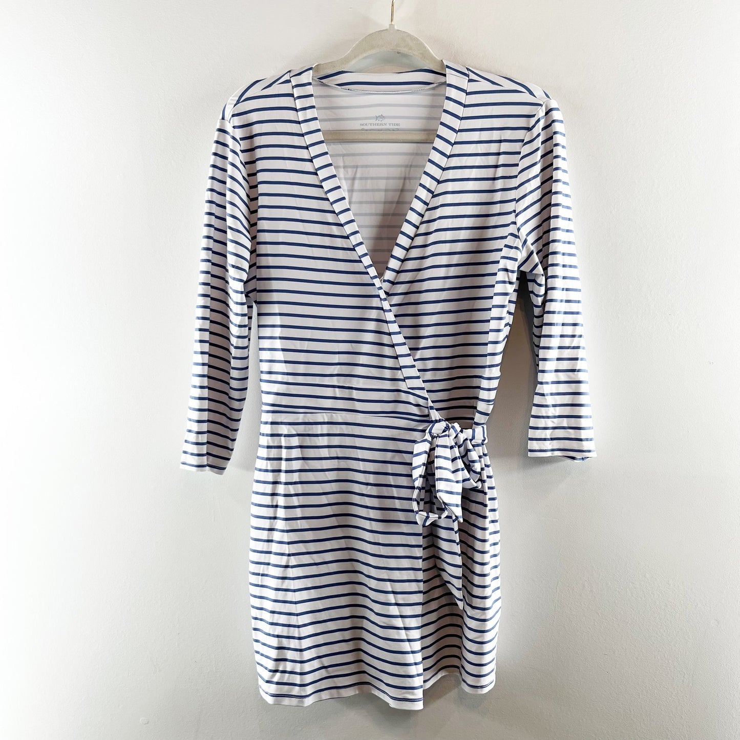 Southern Tide 3/4 Sleeve Moira Striped Wrap Romper One Piece White Blue Medium