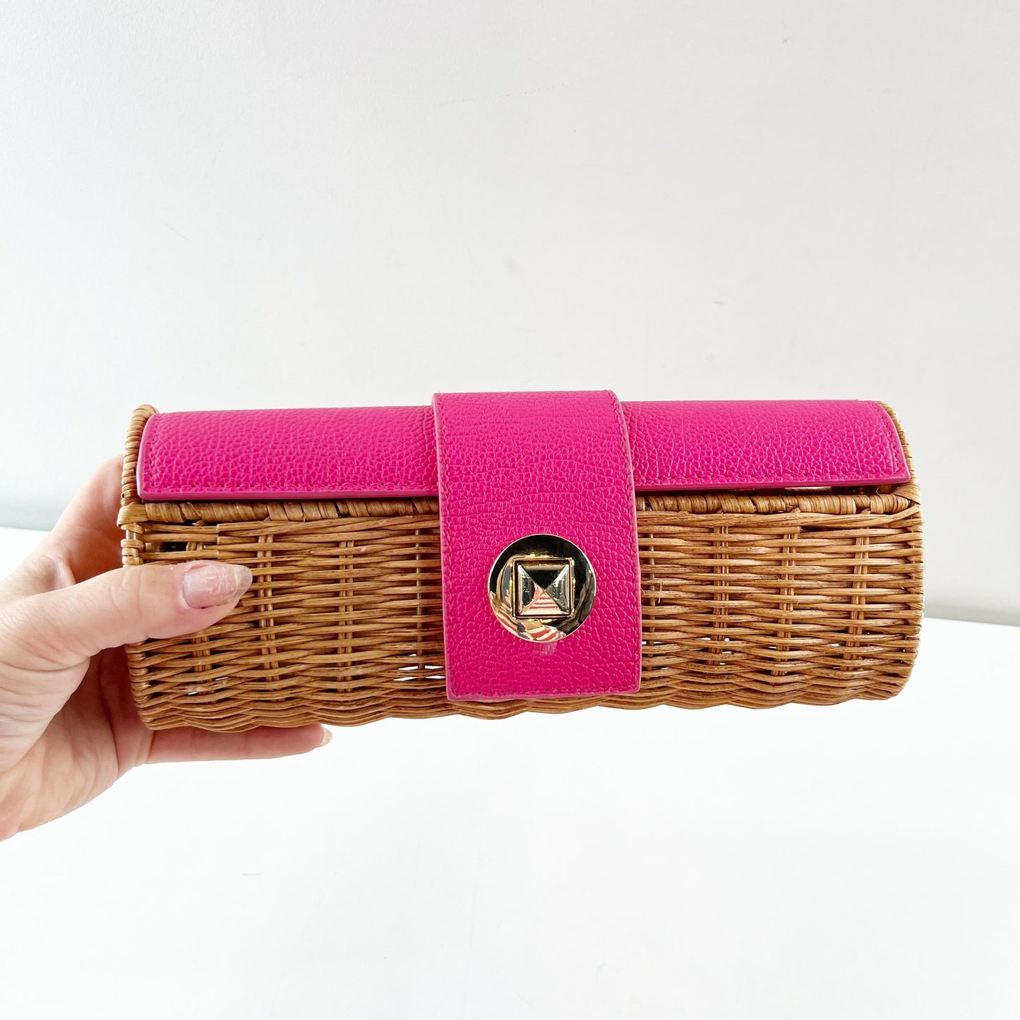 Mud Pie Wicker Rattan Straw Clutch Wallet Pink Brown