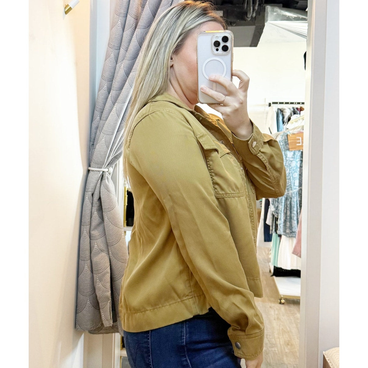 LOFT Snap Button Long Sleeve Boxy Fit Top Shirt Shacket Tan Small