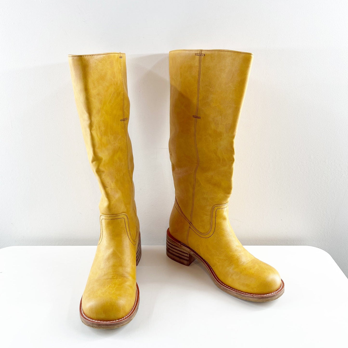 VBDB Knee High Square Toe Chunky Block Heel Boots Banana 7.5