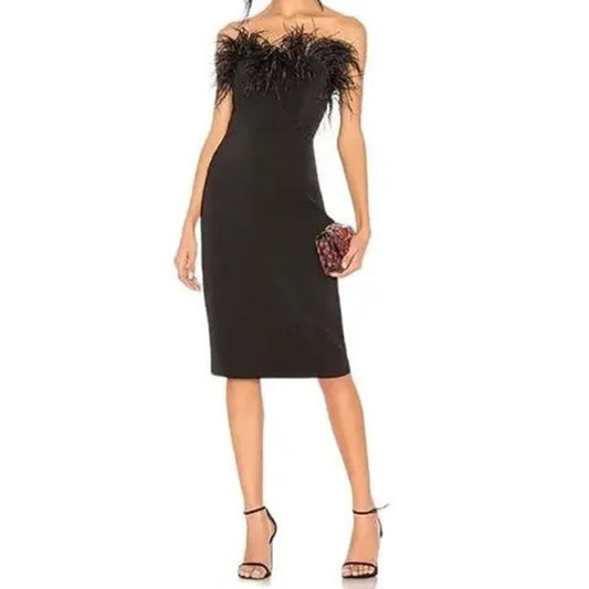 LPA Aurora Ostrich Feather Strapless Midi Cocktail Dress Black Small
