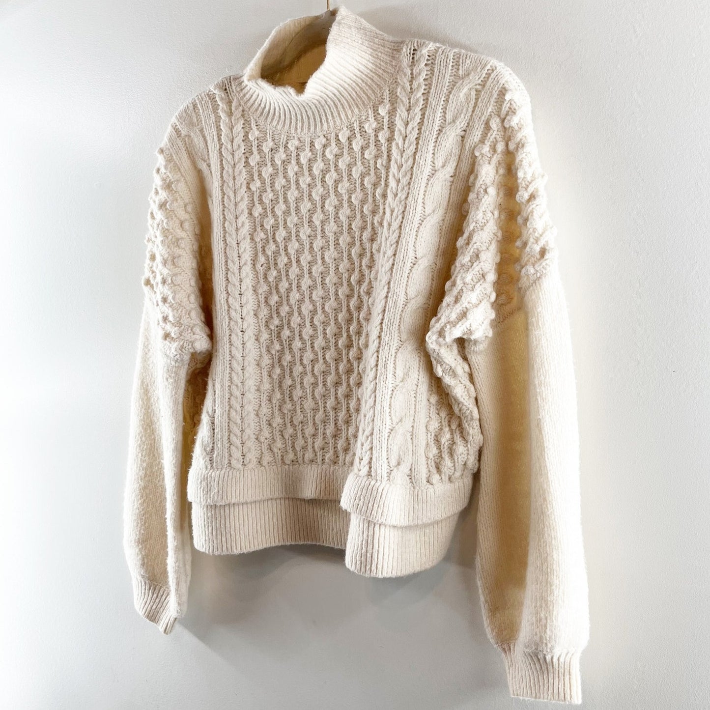 Frame Nubby Long Sleeve Popcorn Knit Tiered Pullover Sweater Cream Small