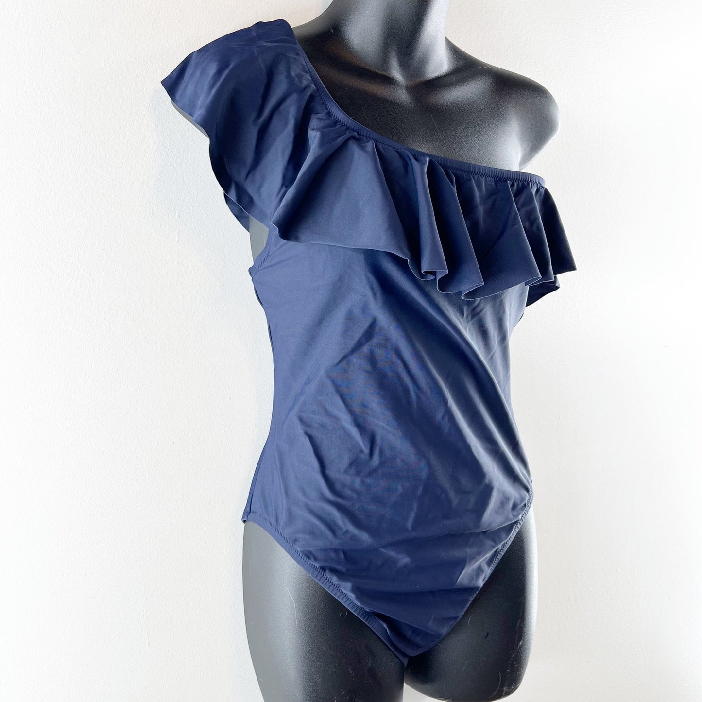 J. Crew One Shoulder Ruffle Trim One Piece Bathing Suit Navy Blue Medium