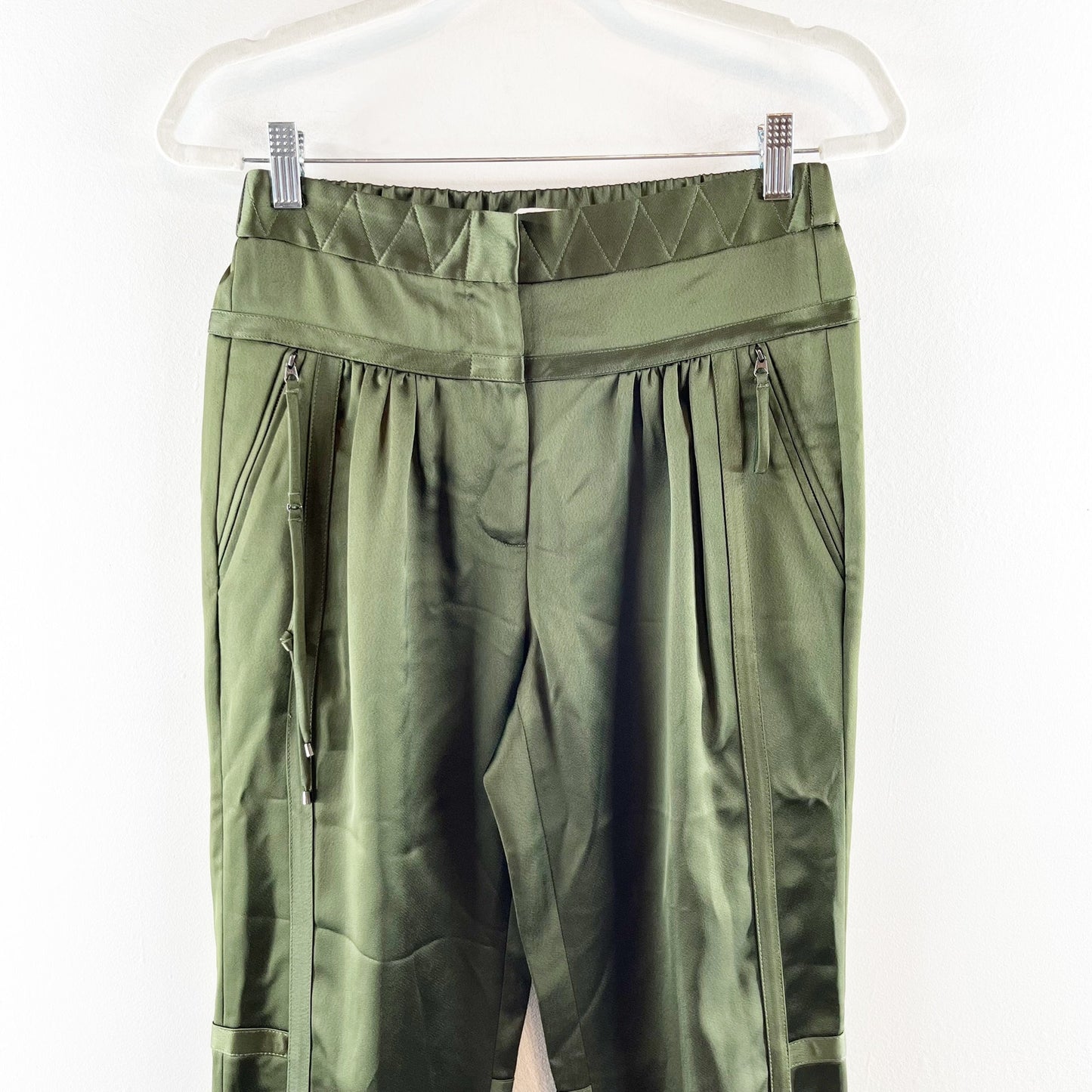 Halston Heritage Satin High Waisted Tapered Leg Joggers Pants Dark Forest Green