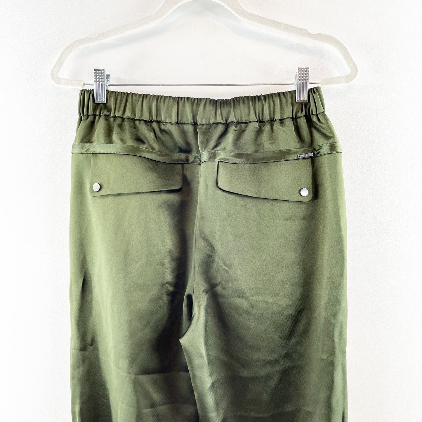 Halston Heritage Satin High Waisted Tapered Leg Joggers Pants Dark Forest Green
