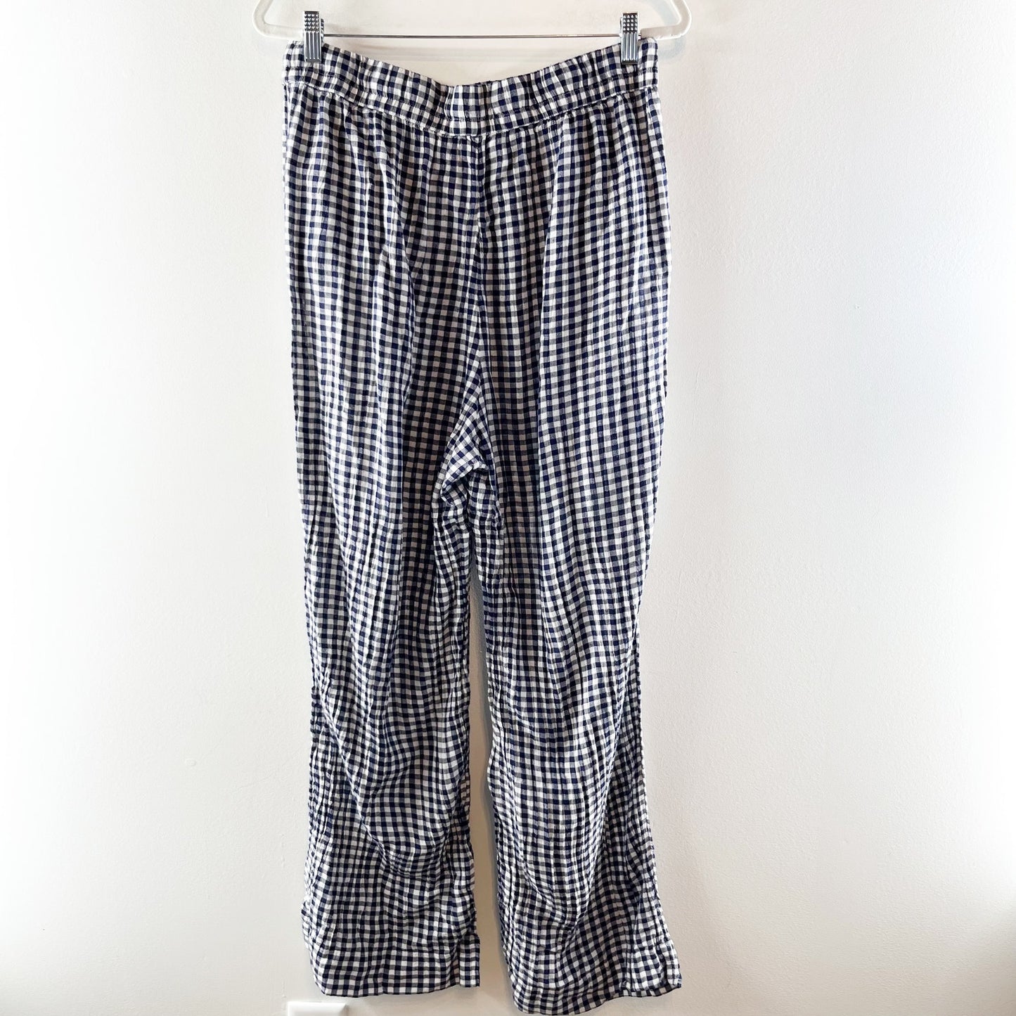 GAP High Rise Crinkle Wide Leg Gingham Pants White Blue XL
