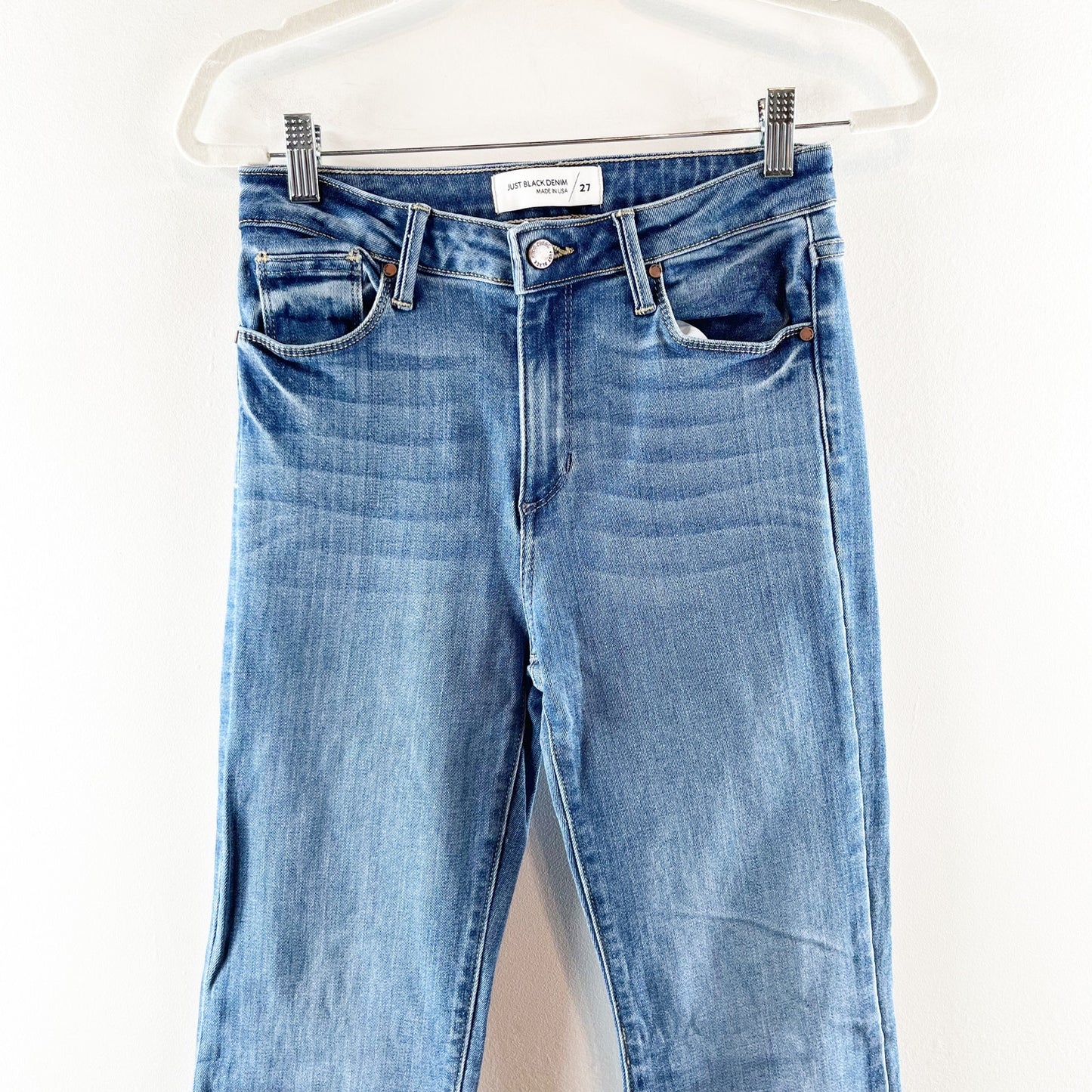 Just Black Denim Mid Rise Fall Flare Raw Hem Jeans Medium Wash Blue 27