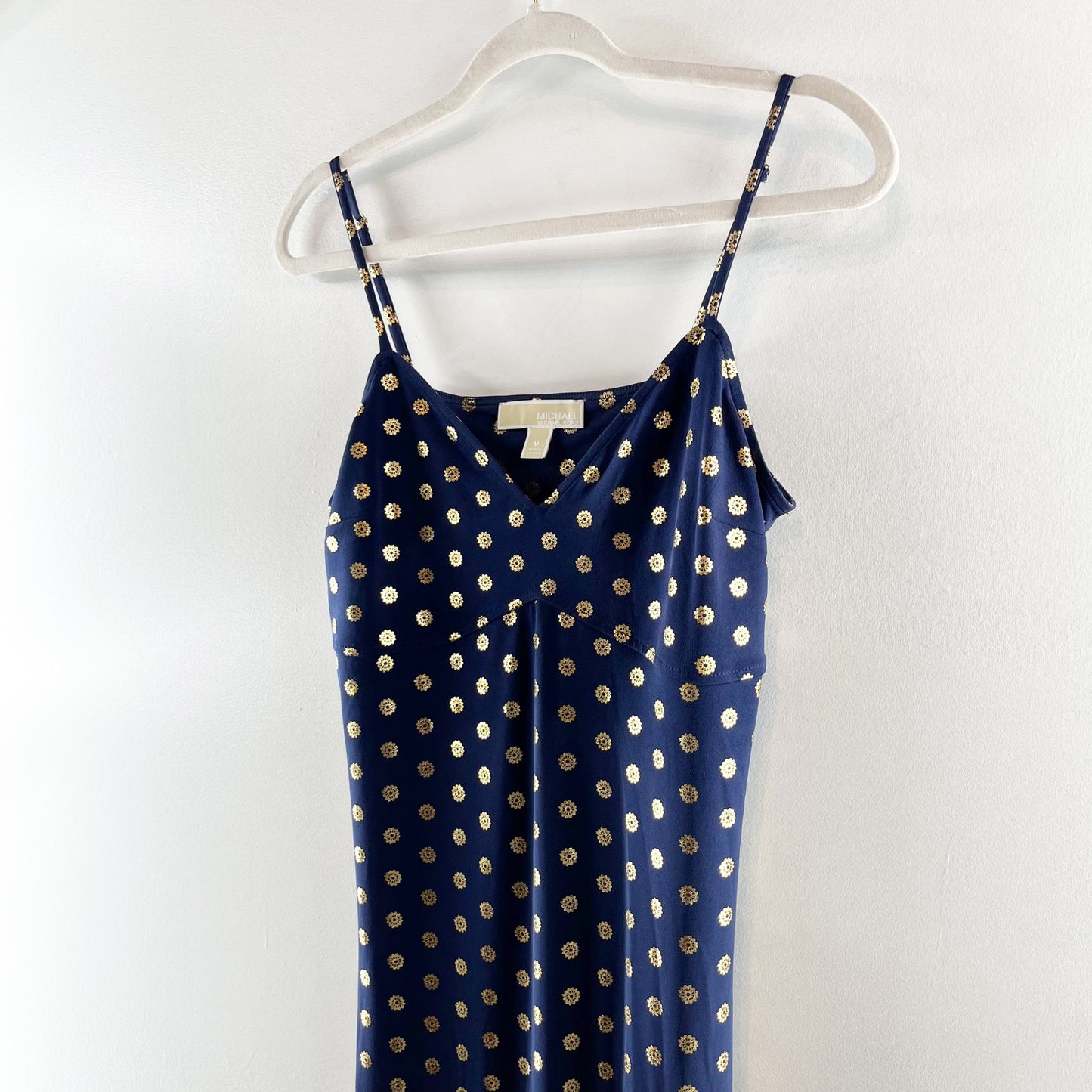 Michael Kors Medallion Foil Print Sleeveless Maxi Dress Navy Blue Gold Medium