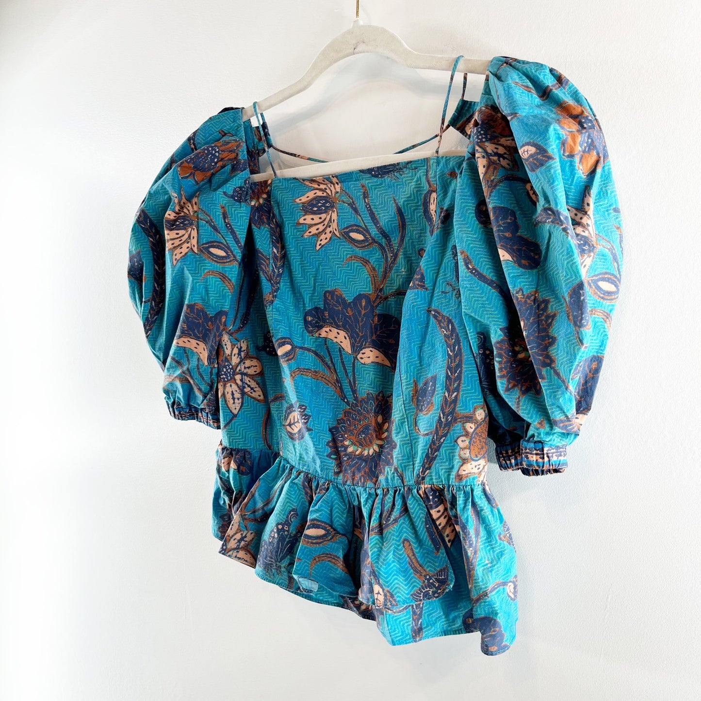 Ulla Johnson Carlotta Puff Short Sleeve Peplum Floral Cropped Top Blue Teal 2