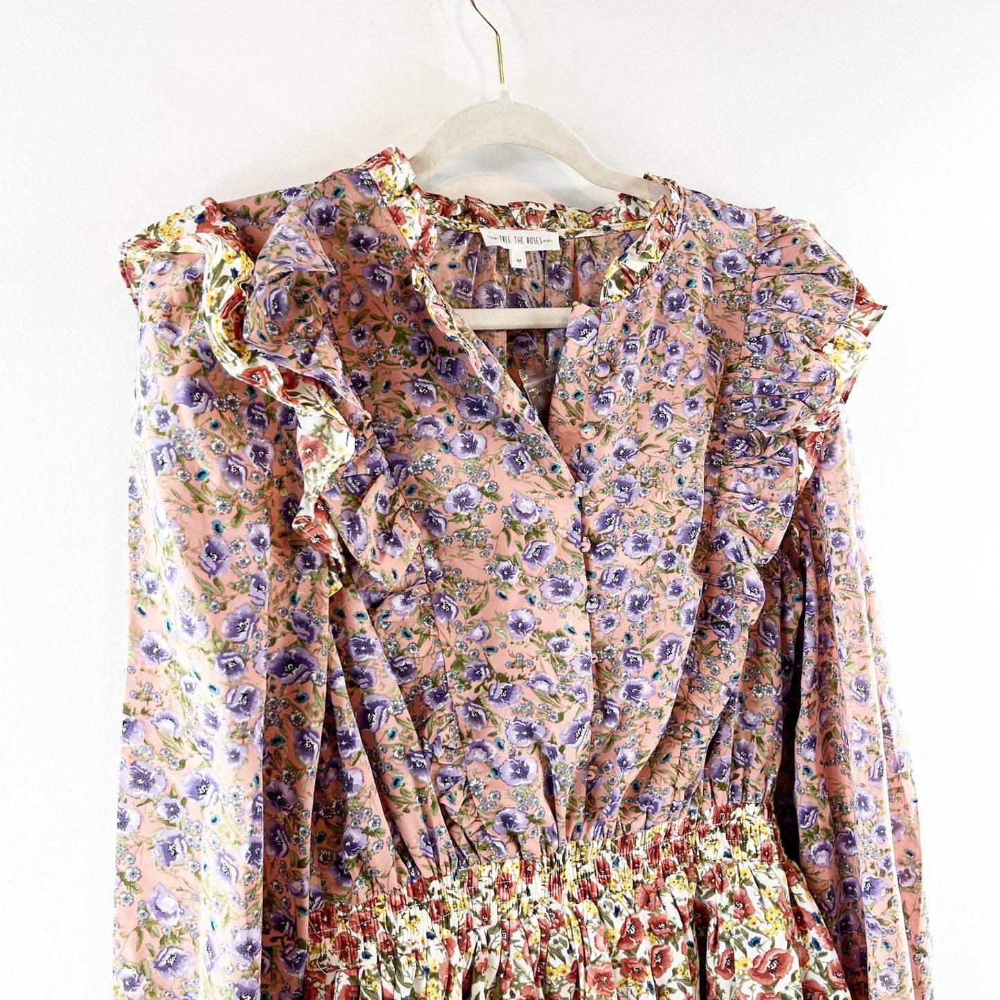 Free The Roses Long Sleeve Floral Tiered Ruffle Mini Dress Purple Cream Medium