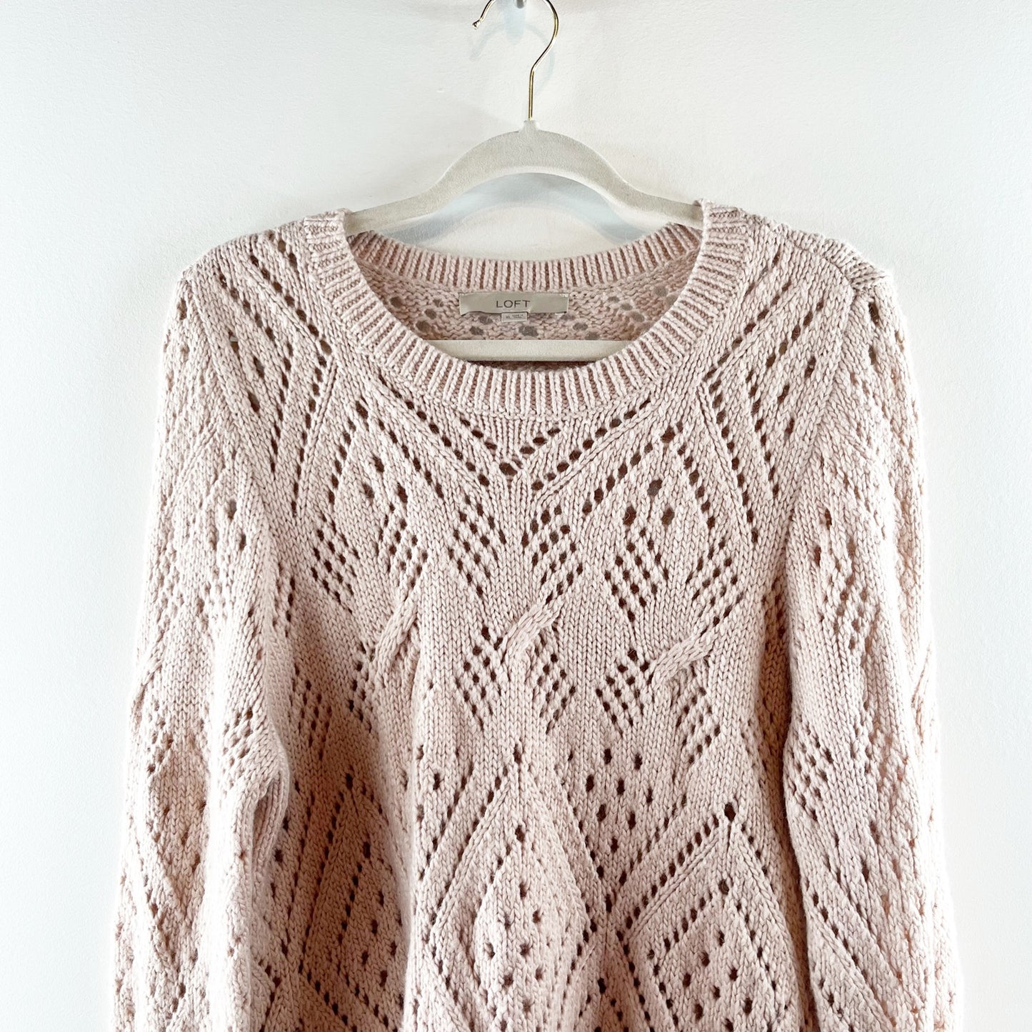 LOFT Pointelle Knit Long Sleeve Crewneck Sweater Pink XL