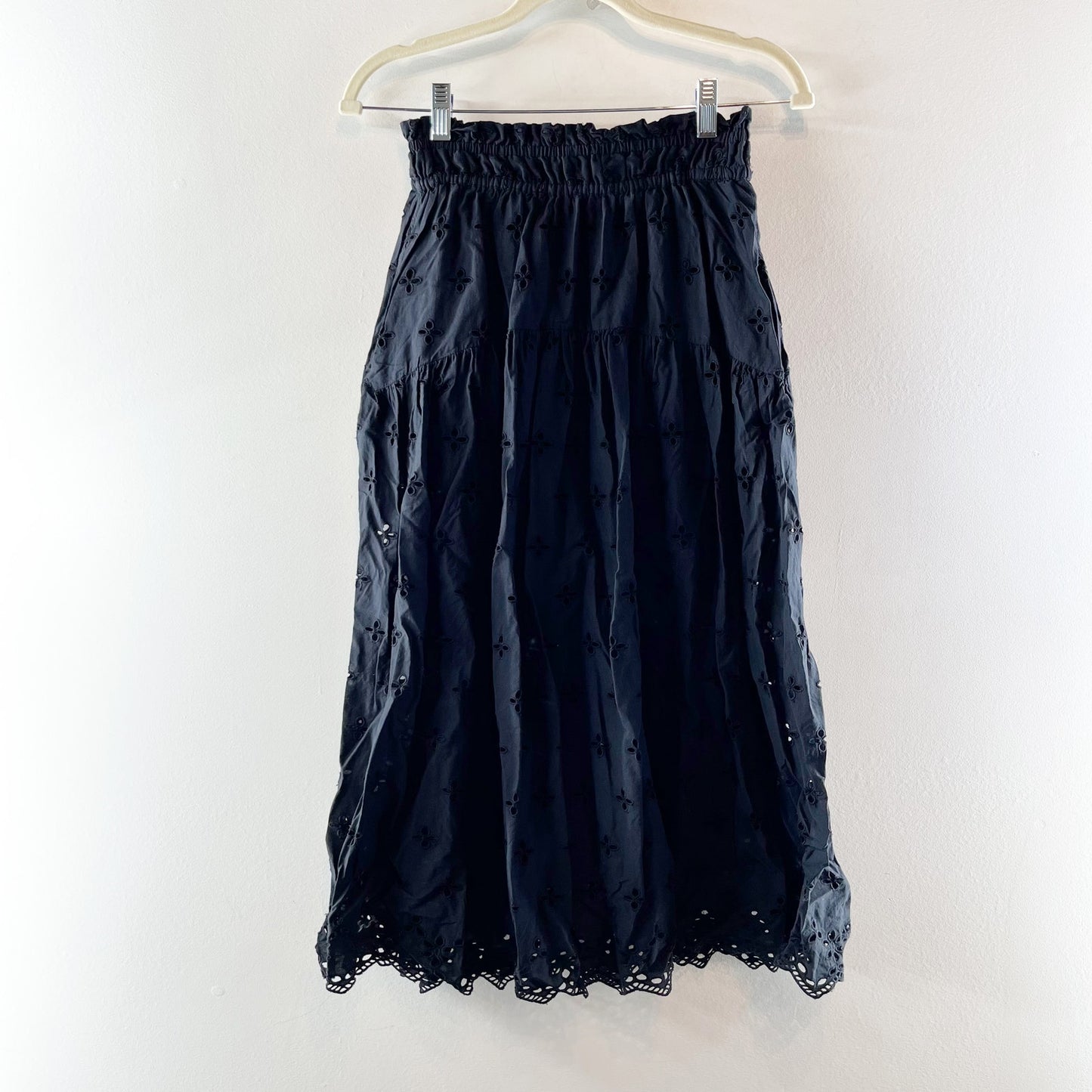 Marea by Liz Joy Louisa Eyelet High Waisted Tiered Midi Skirt Black XS