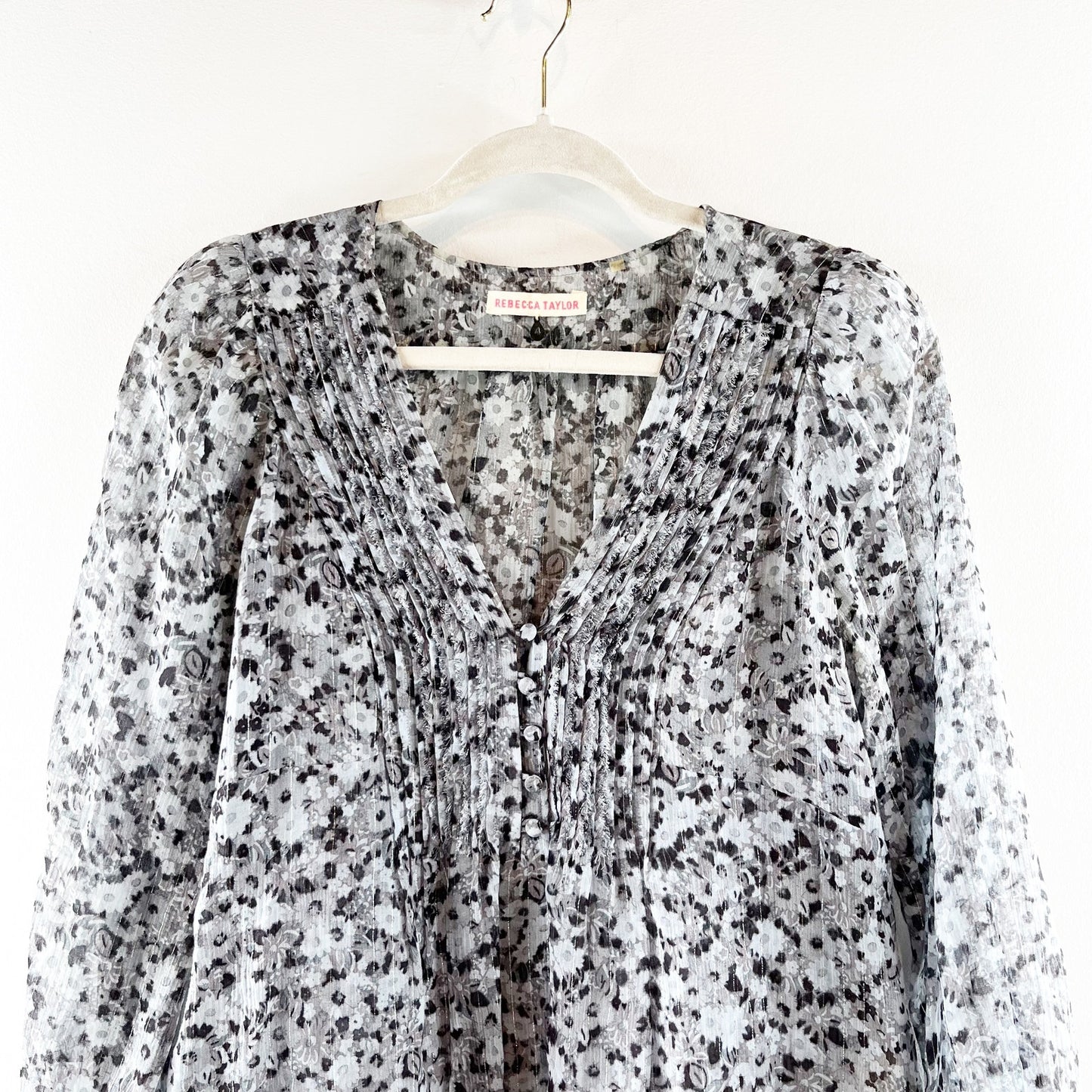 Rebecca Taylor Floral Print Long Sleeve Silk Blend Button Blouse Gray Medium