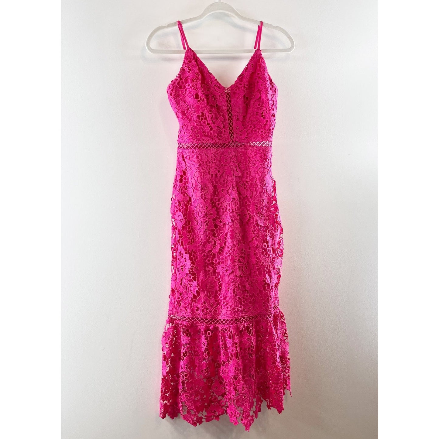 Lulus Taliah Sleeveless Floral Lace Crochet Trim Midi Trumpet Dress Hot Pink S