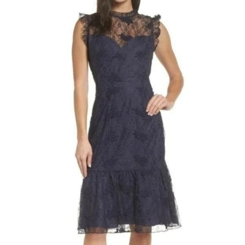 Chelsea 28 Lace High Neck Tiered Sweetheart Neckline Dress Navy Blue 8