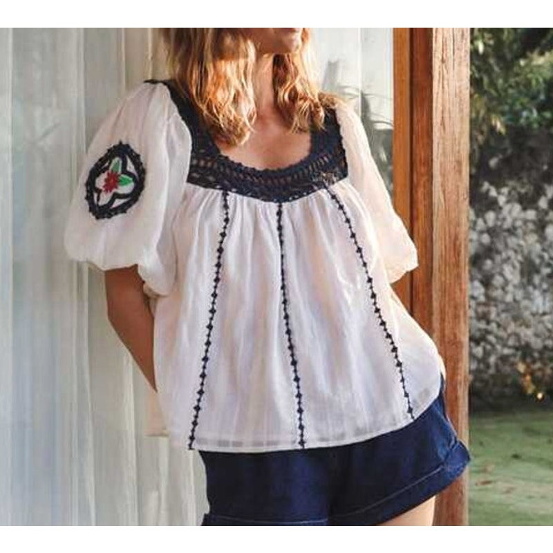 Cleobella Navi Organic Cotton Crochet Trim Puff Sleeve Blouse Top White Navy XS