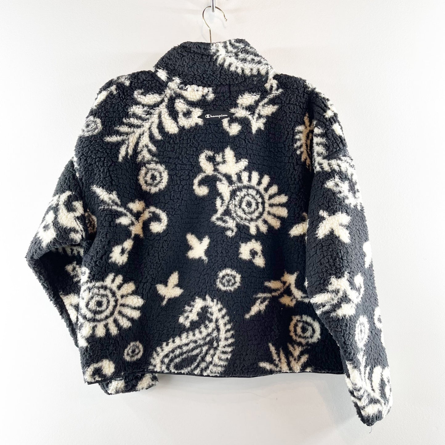 Champion Floral Paisley Quarter Zip Sherpa Fleece Pullover Jacket Black White L