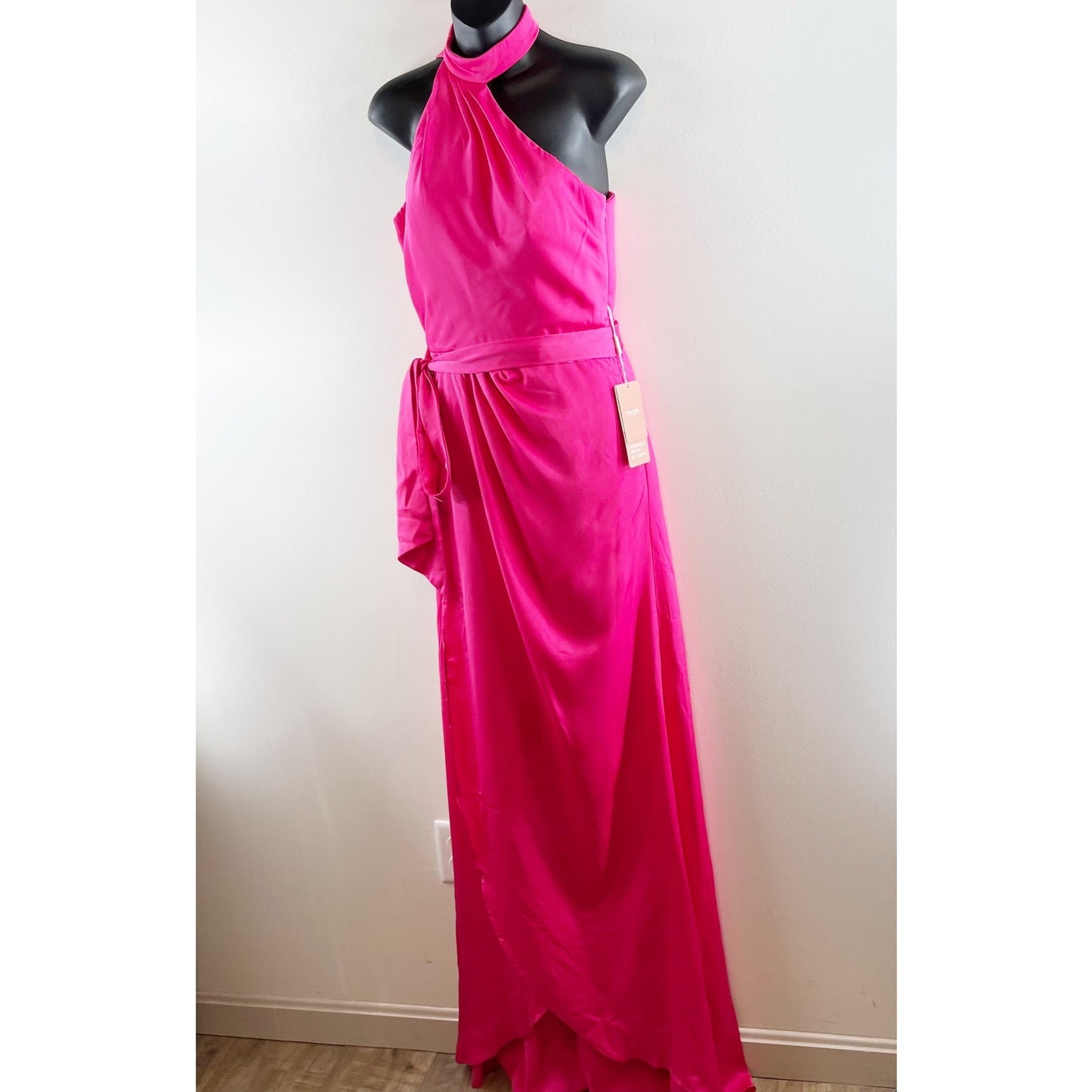 Stacees Asymmetrical Choker Belted One Shoulder Maxi Dress Gown Pink 6
