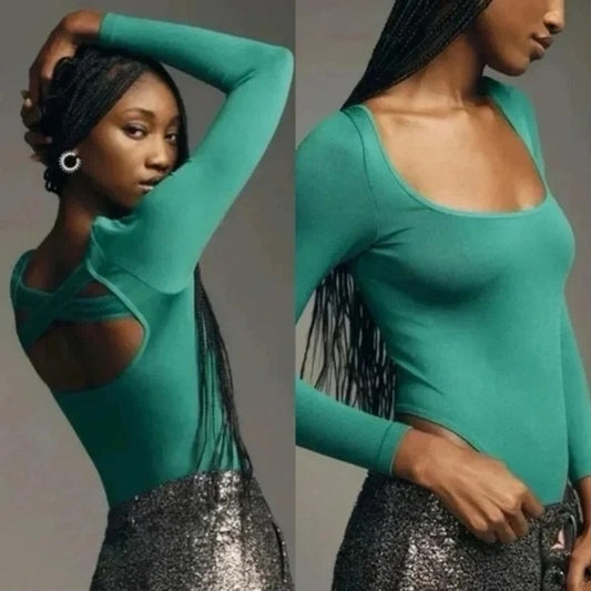 Anthropologie The Viviette Long Sleeve Strappy Back Bodysuit Green XXS / XS