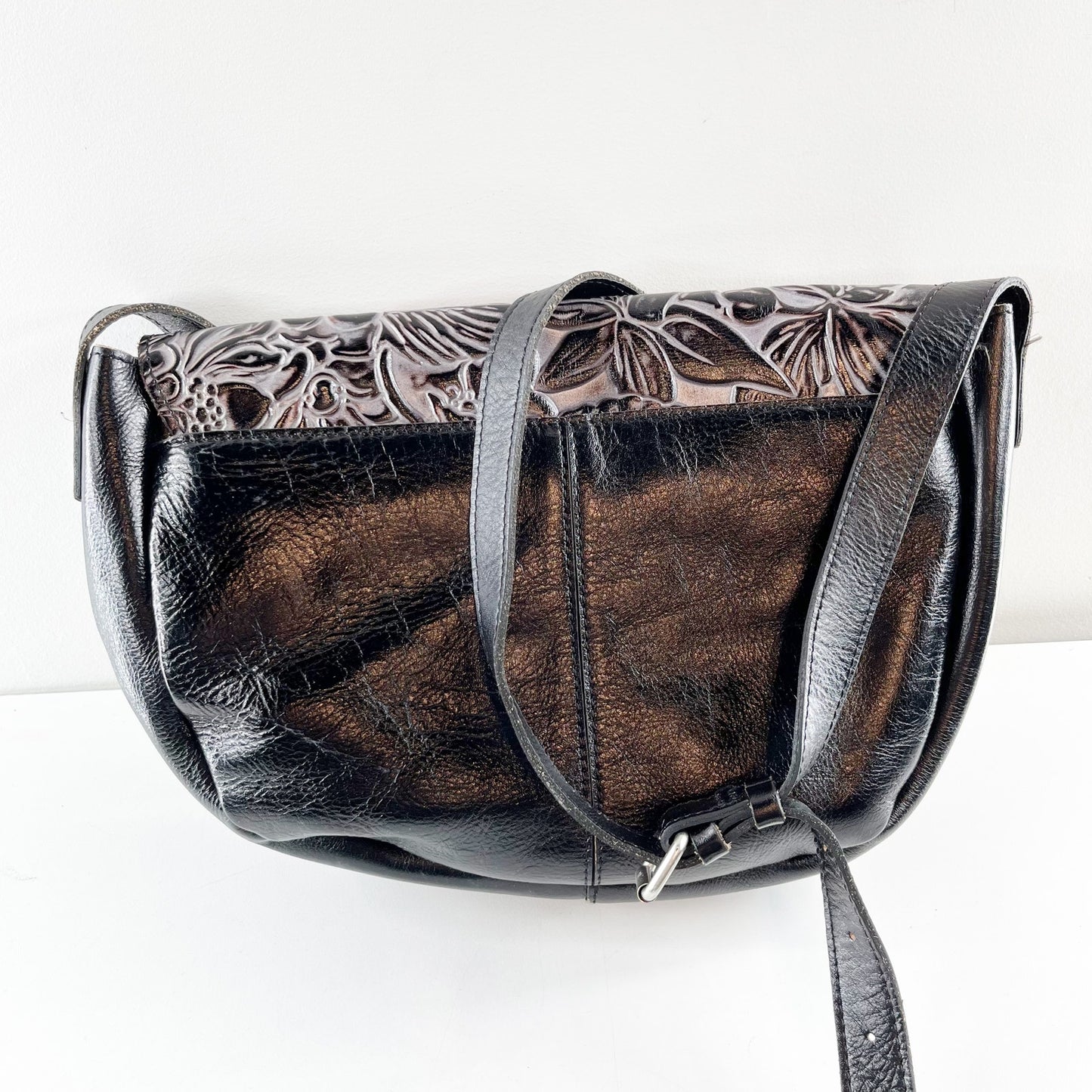 Patricia Nash Rosolino Leather Tooled Floral Flap Crossbody Bag Black