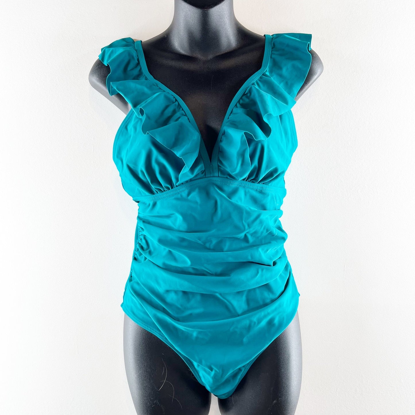 Plunge V Neck Ruffle Trim Ruched One Piece Swimsuit Teal Turquoise Blue Medium