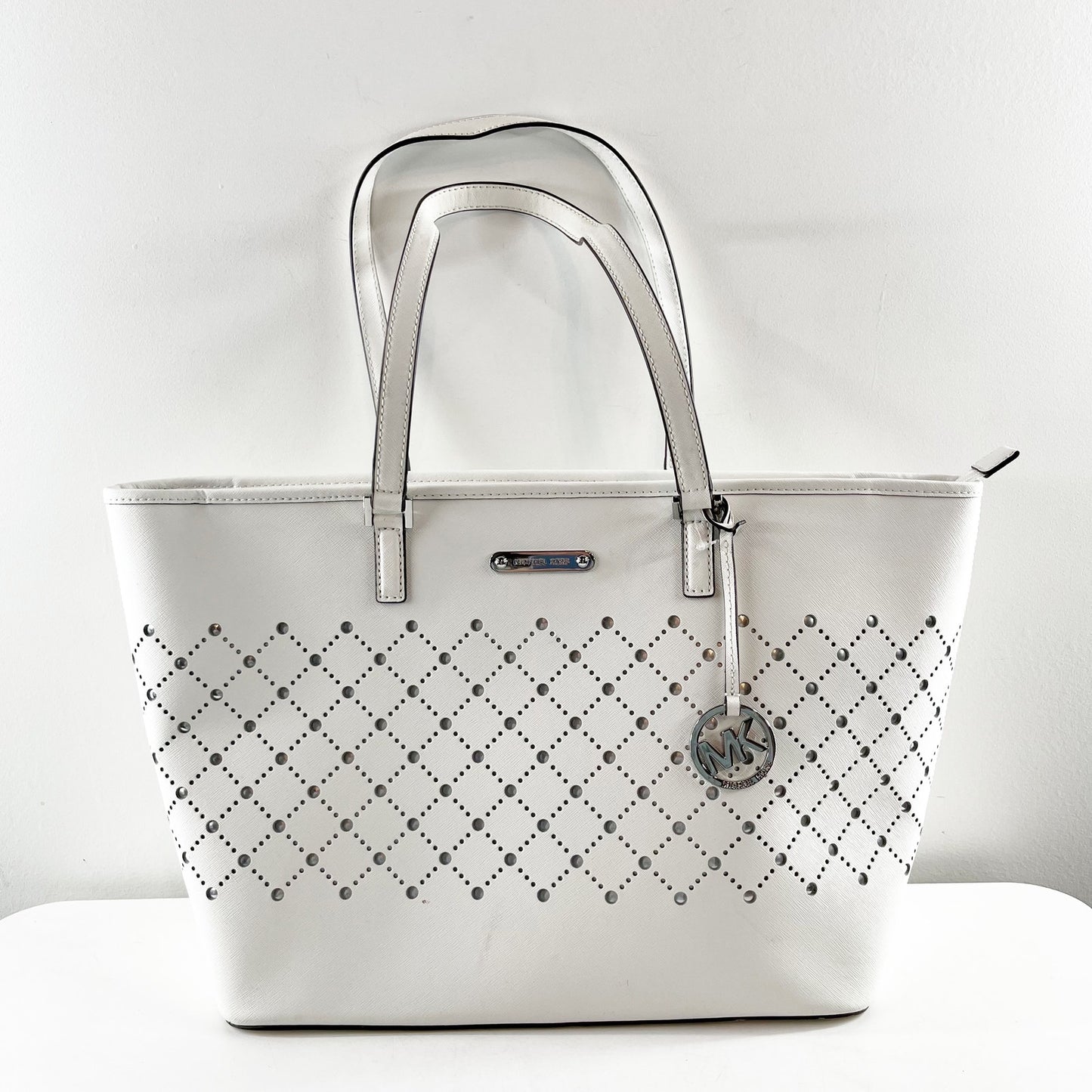 Michael Kors Violet Leather Large Carryall Tote Bag Purse Optic White